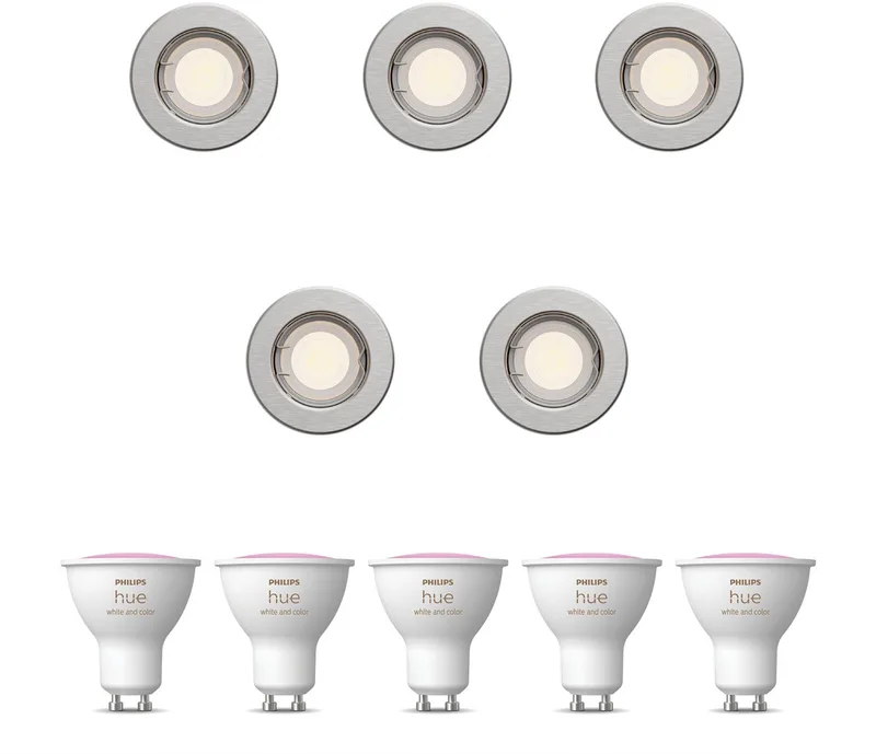 Peridot Set van 5 Inbouwspots - Rond - Niet Richtbaar - GU10 - Wit en Gekleurd Licht - Hue White and Color Ambiance von Philips Hue in Nikkel – Produktfoto