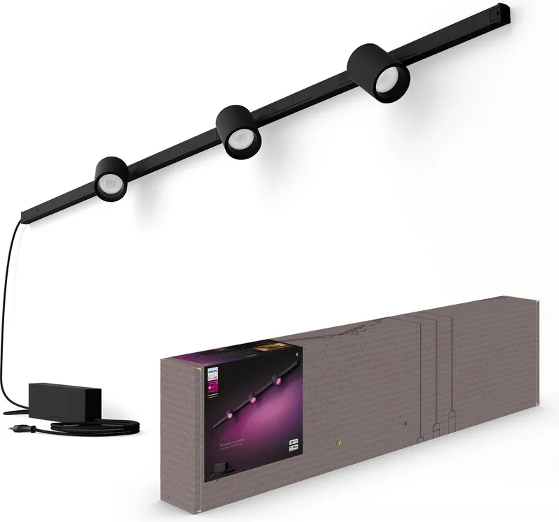 Perifo railverlichting muur - wit en gekleurd licht - 3-spots - basisset fra Philips Hue i Sort – produktbillede