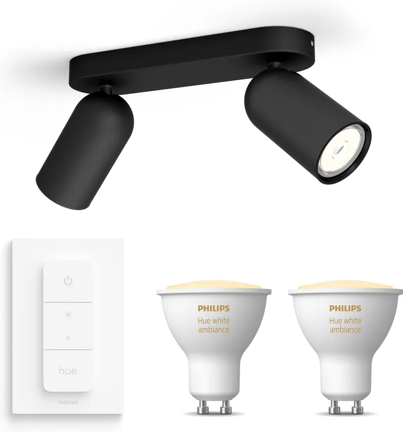Pongee Opbouwspot - Warm tot Koelwit Licht - Incl. Hue Dimmer Switch - Plafondspot met 2 Lichtpunten - GU10 - Hue White Ambiance van Philips Hue in Zwart – productfoto