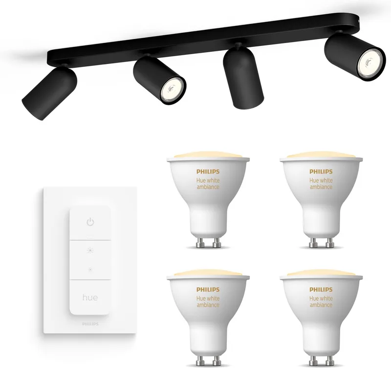 Pongee Opbouwspot - Warm tot Koelwit Licht - Incl. Hue Dimmer Switch - Plafondspot met 4 Lichtpunten - GU10 - Hue White Ambiance van Philips Hue in Zwart – productfoto