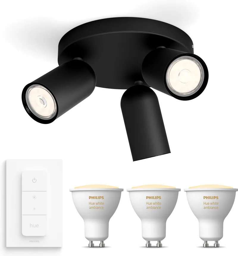 Pongee Opbouwspot - Warm tot Koelwit Licht - Incl. Hue Dimmer Switch - Plafondspot met 3 Lichtpunten - GU10 - Hue White Ambiance van Philips Hue in Zwart – productfoto