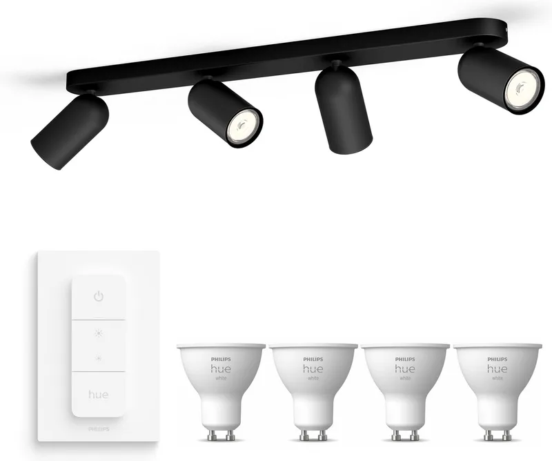 Pongee Opbouwspot - Warmwit Licht - Incl. Hue Dimmer Switch - Plafondspot met 4 Lichtpunten - GU10 - Hue White van Philips Hue in Zwart – productfoto