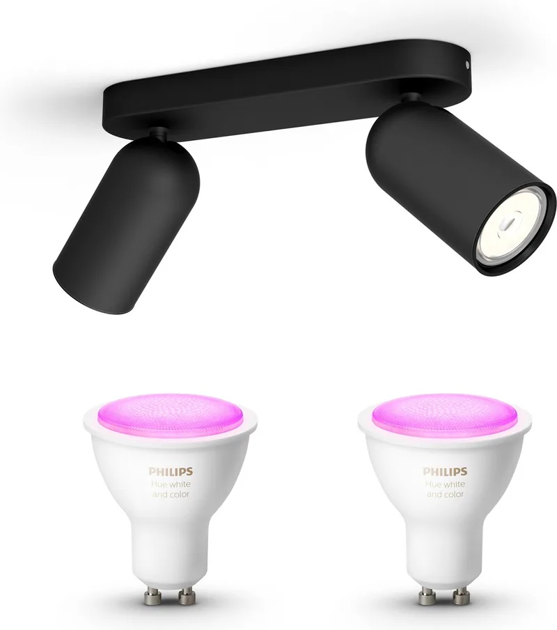 Pongee Opbouwspot - Wit en Gekleurd Licht - Plafondspot met 2 Lichtpunten - GU10 - Hue White and Color Ambiance van Philips Hue in Zwart – productfoto