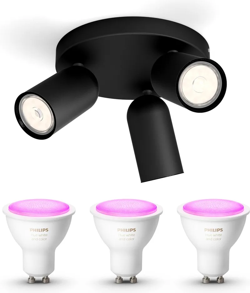 Pongee Opbouwspot - Wit en Gekleurd Licht - Plafondspot met 3 Lichtpunten - GU10 - Hue White and Color Ambiance van Philips Hue in Zwart – productfoto