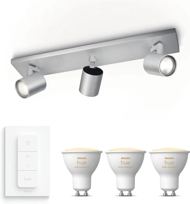 Runner Opbouwspot - Warm tot Koelwit Licht - Incl. Hue Dimmer Switch - Plafondspot met 3 Lichtpunten - GU10 - Hue White Ambiance van Philips Hue in Aluminium – productfoto