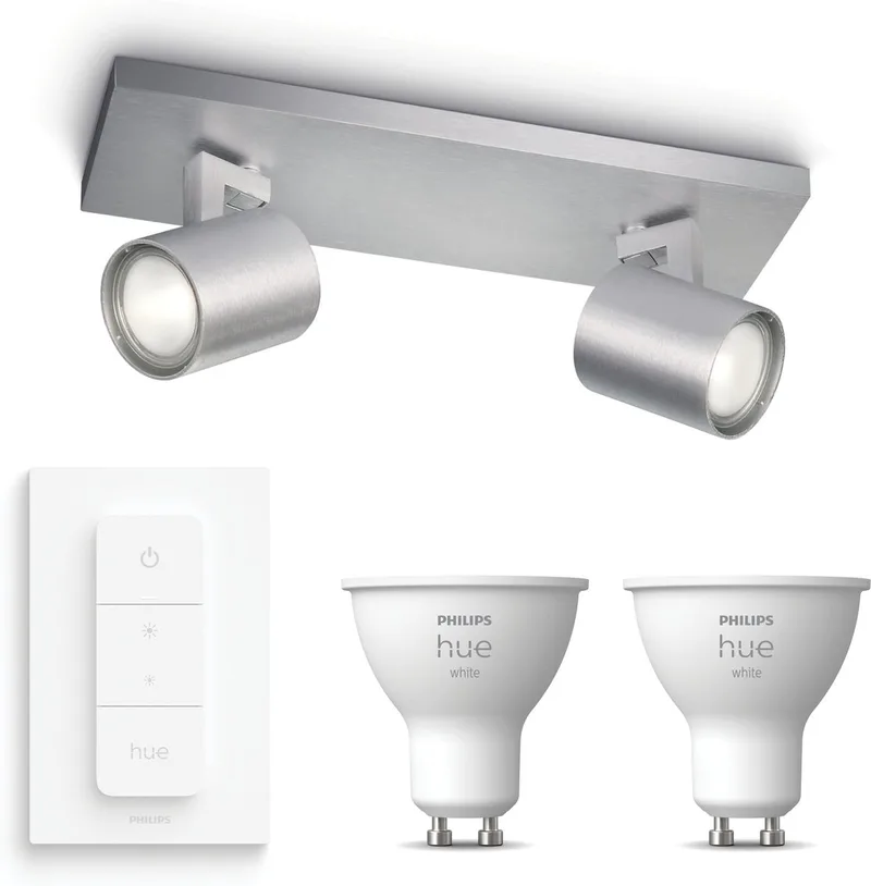 Runner Opbouwspot - Warmwit Licht - Incl. Hue Dimmer Switch - Plafondspot met 2 Lichtpunten - GU10 - Hue White van Philips Hue in Aluminium – productfoto