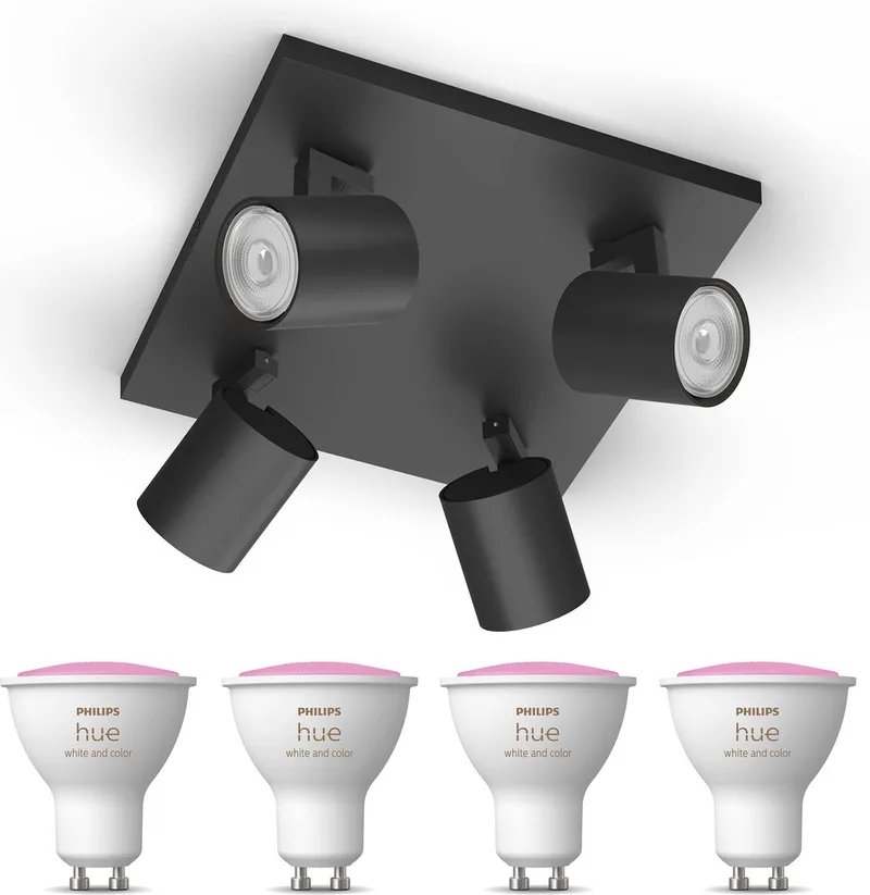 Runner Opbouwspot - Wit en Gekleurd Licht - Plafondspot met 4 Lichtpunten - GU10 - Hue White and Color Ambiance van Philips Hue in Zwart – productfoto