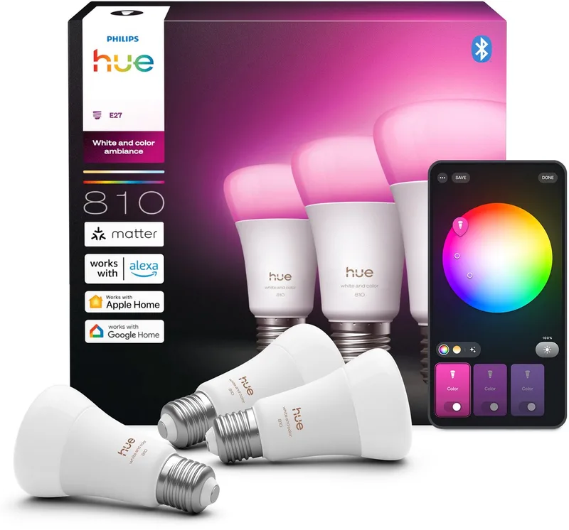 Slimme LED A60 lamp - Wit en Gekleurd Licht - E27 Fitting - 810 lumen - 3 stuks von Philips Hue – Produktfoto