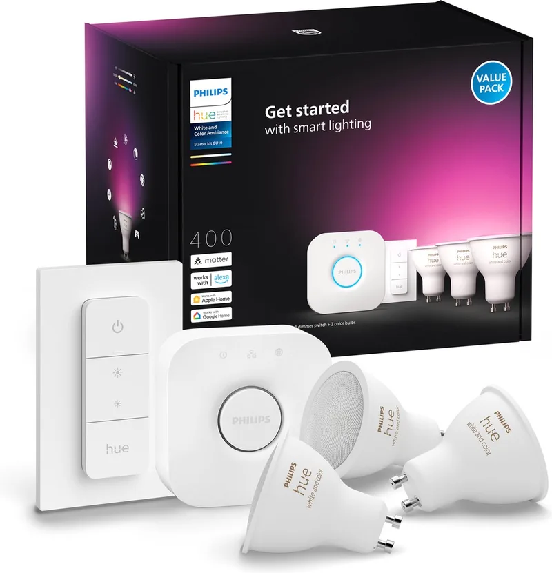 starterkit - en gekleurd licht - 3 lampen - 1 dimmer switch - GU10 by Philips Hue in White – product photo