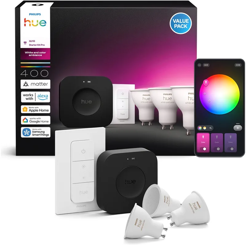 starterkit - GU10 fitting - bevat 1 Hue Bridge Pro, 3 lampen, 1 DimmerSwitch - aanpasbaar wit en gekleurd licht - - slimme verlichting by Philips Hue in Black – product photo