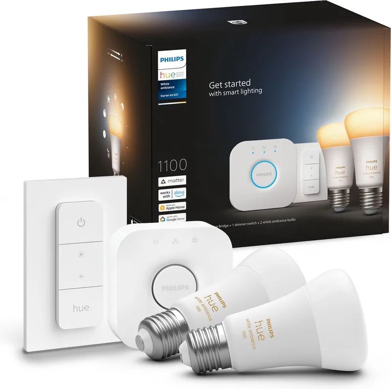starterkit - warm tot koelwit licht - 2 lampen - E27 - 1100lm - 1 dimmer switch van Philips Hue in Wit – productfoto