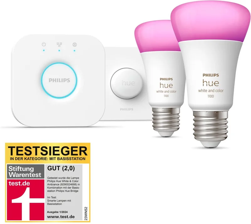 starterkit - White and Color Ambiance - 2 x 9W - E27 - 1100lm + Bridge & Smart Button van Philips Hue in Wit – productfoto