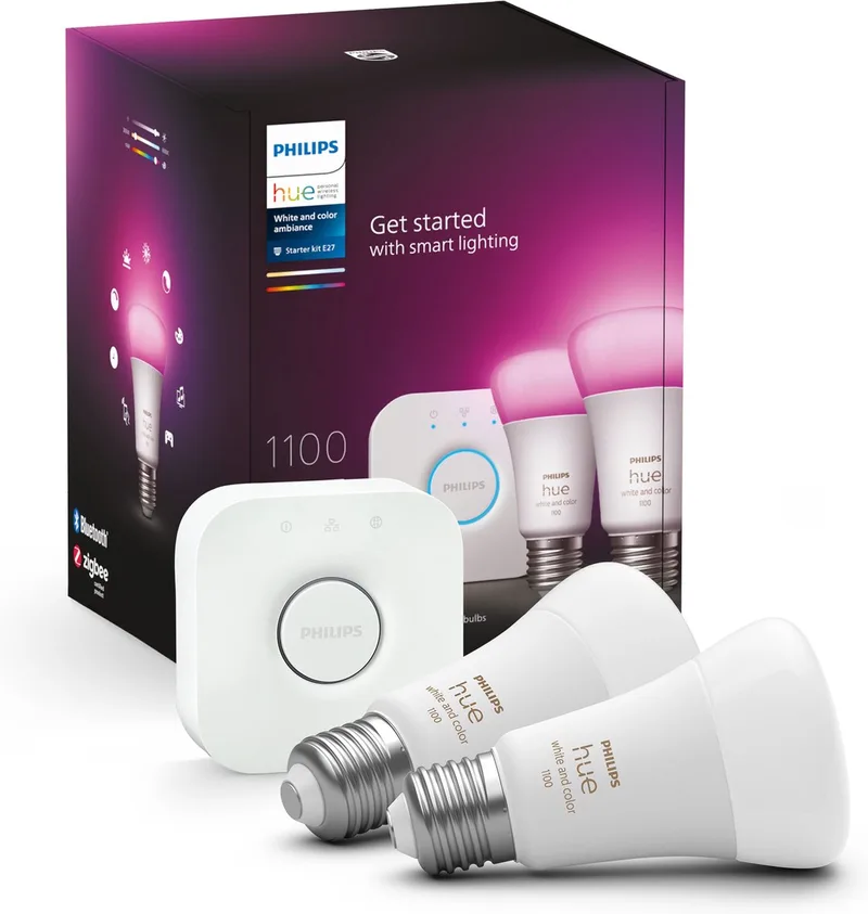 starterkit - wit en gekleurd - 2 lampen - E27 - 1100lm by Philips Hue in White, 1100 lumen – product photo