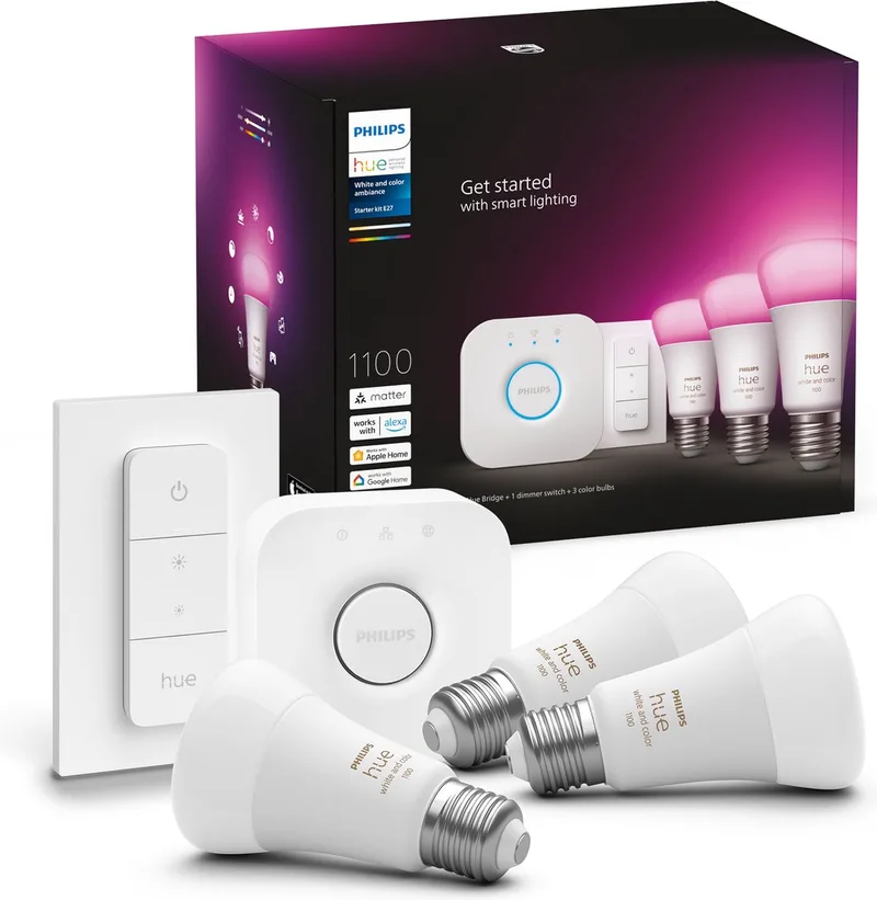 starterkit - wit en gekleurd - 3 lampen - E27 - 1100lm - 1 dimmer switch van Philips Hue – productfoto