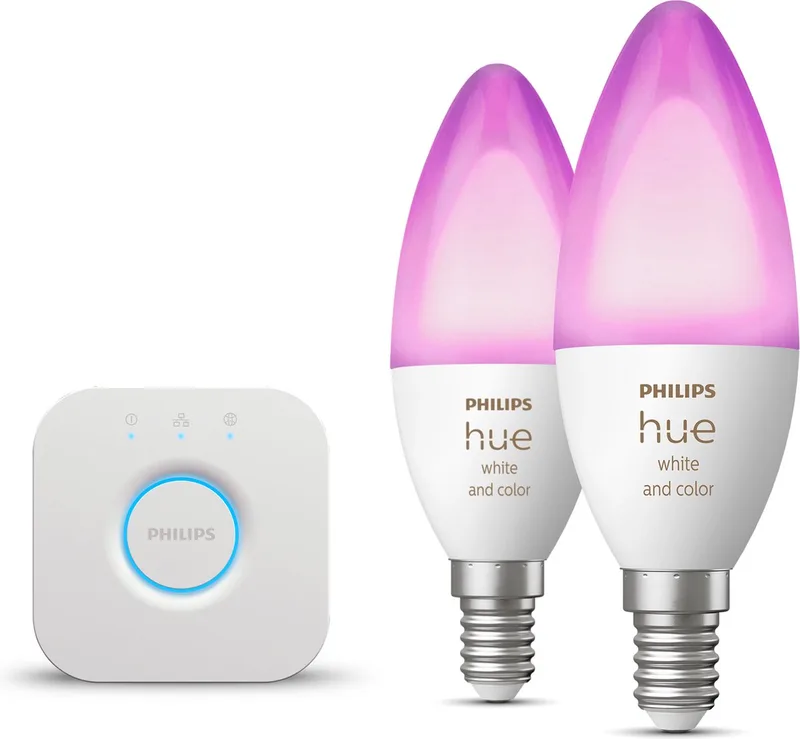 Starterspakket - E14 - met 2 Kaarslampen - en Gekleurd Licht - Incl. 1 Hue Bridge - Hue White and Color Ambiance by Philips Hue in White – product photo