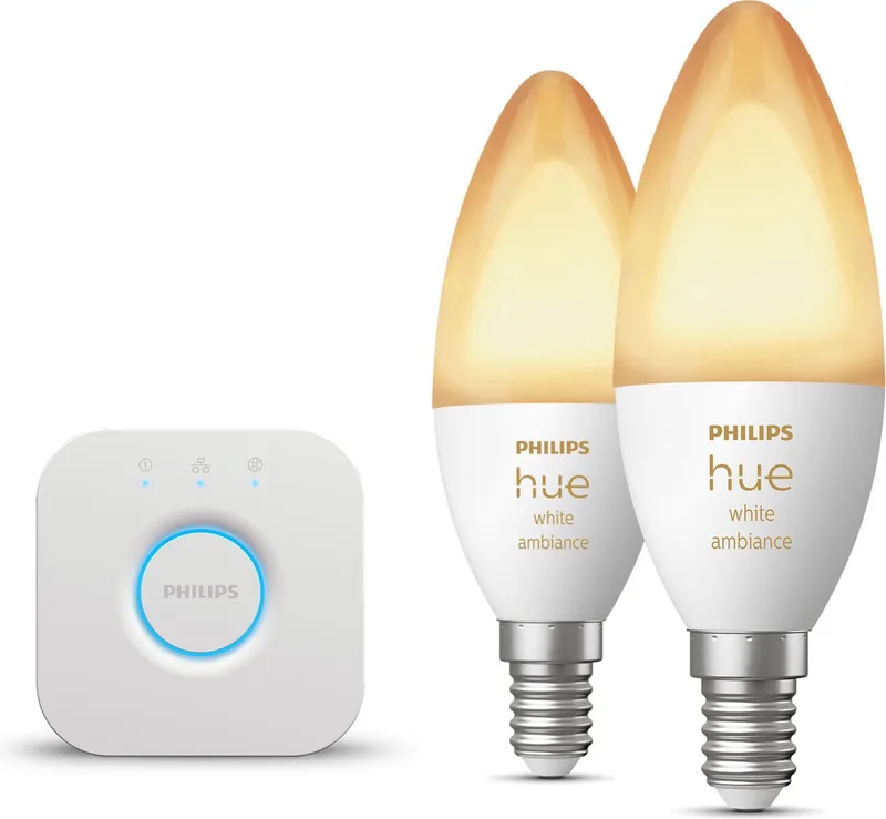 Starterspakket - E14 - met 2 Kaarslampen - Warm tot Koelwit Licht - Incl. 1 Hue Bridge - Hue White Ambiance von Philips Hue in Weiß – Produktfoto