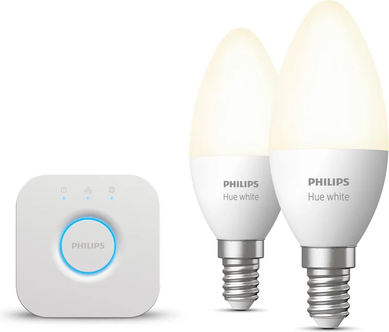 Starterspakket - E14 - met 2 Kaarslampen - Warmwit Licht - Incl. 1 Hue Bridge - Hue White från Philips Hue i Vit – produktbild