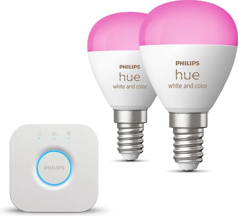Starterspakket - E14 - met 2 Kogellampen - en Gekleurd Licht - Incl. 1 Hue Bridge - Hue White and Color Ambiance by Philips Hue in White – product photo