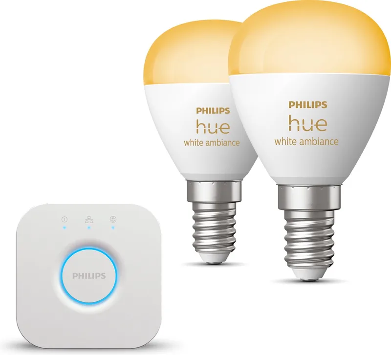 Starterspakket - E14 - met 2 Kogellampen - Warm tot Koelwit Licht - Incl. 1 Hue Bridge - Hue White Ambiance by Philips Hue in White – product photo