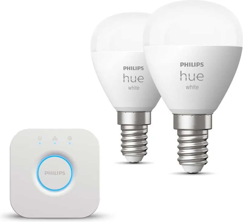 Starterspakket - E14 - met 2 Kogellampen - Warmwit Licht - Incl. 1 Hue Bridge - Hue White by Philips Hue in White – product photo
