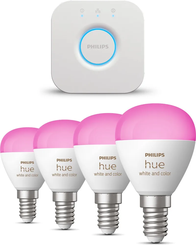 Starterspakket - E14 - met 4 Kogellampen - en Gekleurd Licht - Incl. 1 Hue Bridge - Hue White and Color Ambiance by Philips Hue in White – product photo