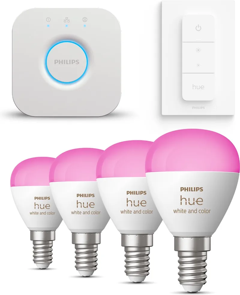Starterspakket - E14 - met 4 Kogellampen - en Gekleurd Licht - Incl. 1 Hue Bridge, 1 Hue Dimmer Switch - Hue White and Color Ambiance by Philips Hue in White – product photo