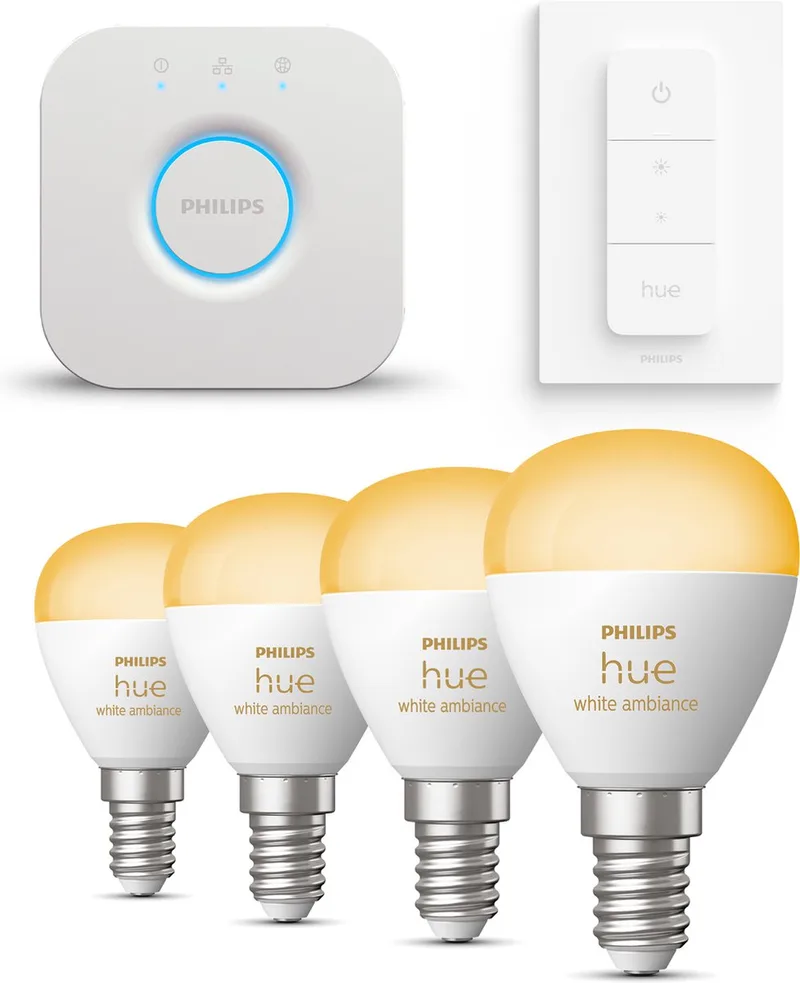 Starterspakket - E14 - met 4 Kogellampen - Warm tot Koelwit Licht - Incl. 1 Hue Bridge, 1 Hue Dimmer Switch - Hue White Ambiance by Philips Hue in White – product photo