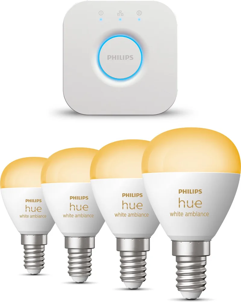 Starterspakket - E14 - met 4 Kogellampen - Warm tot Koelwit Licht - Incl. 1 Hue Bridge - Hue White Ambiance by Philips Hue in White – product photo
