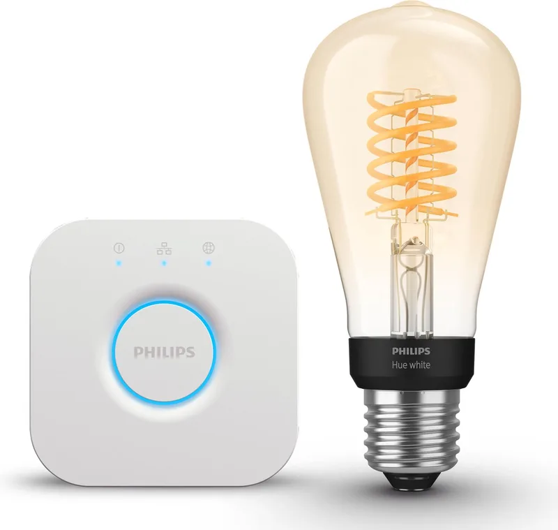 Starterspakket - E27 - met 1 Filament Edisonlamp Groot (ST72) - Warmwit Licht - Incl. 1 Hue Bridge - Hue White Filament de Philips Hue en Or – photo produit