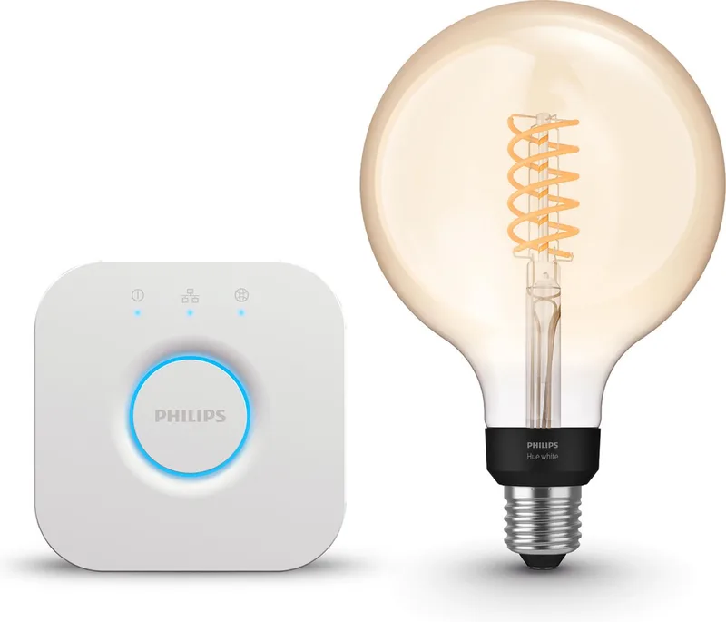 Starterspakket - E27 - met 1 Filament Globelamp Groot (G125) - Warmwit Licht - Incl. 1 Hue Bridge - Hue White Filament von Philips Hue in Gold – Produktfoto