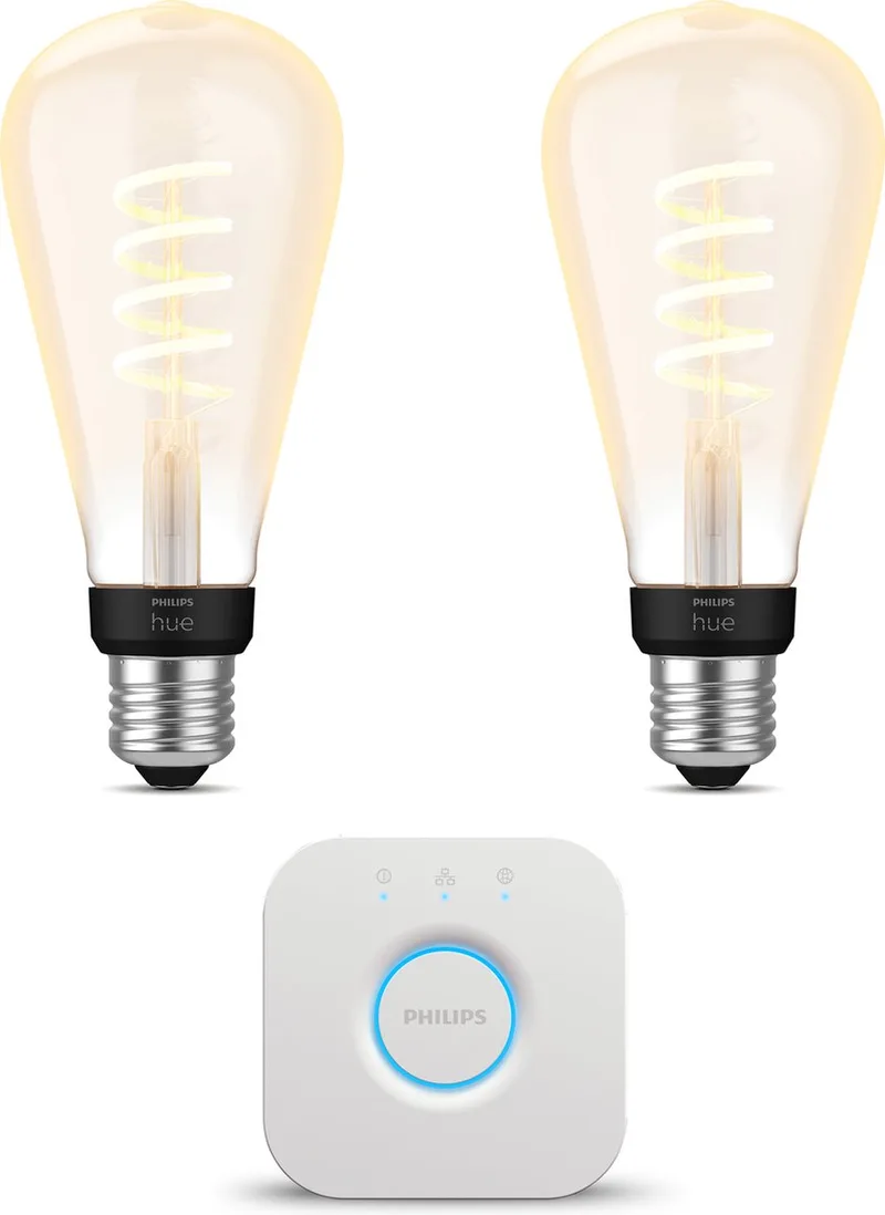 Starterspakket - E27 - met 2 Filament Edisonlampen Groot (ST72) - Warm tot Koelwit Licht - Incl. 1 Hue Bridge - Hue White Ambiance Filament von Philips Hue in Gold – Produktfoto