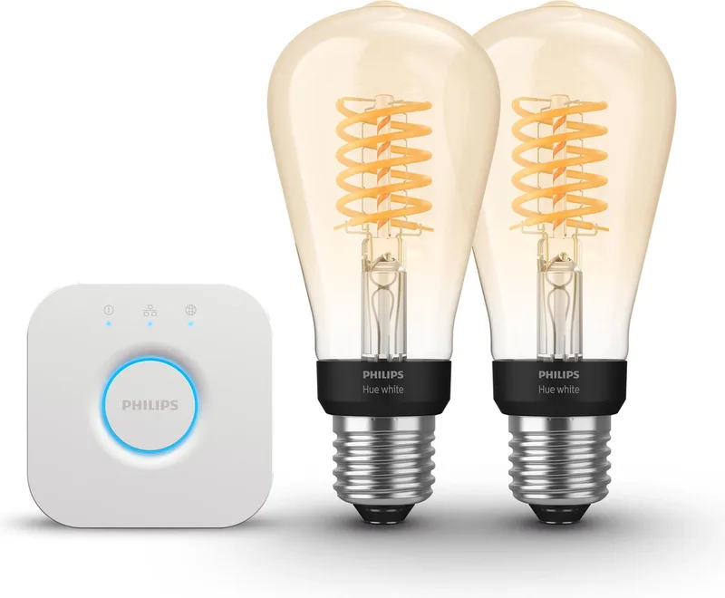 Starterspakket - E27 - met 2 Filament Edisonlampen Klein (ST64) - Warmwit Licht - Incl. 1 Hue Bridge - Hue White Filament de Philips Hue en Amber – photo produit