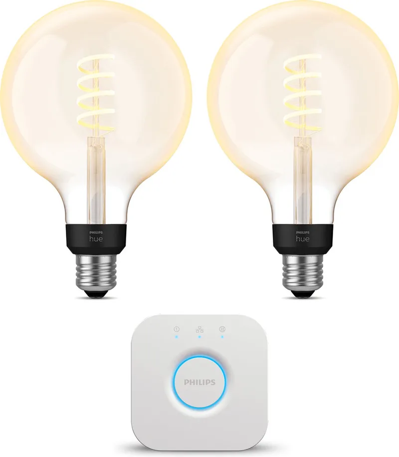 Starterspakket - E27 - met 2 Filament Globelampen Groot (G125) - Warm tot Koelwit Licht - Incl. 1 Hue Bridge - Hue White Ambiance Filament fra Philips Hue i Guld – produktbillede