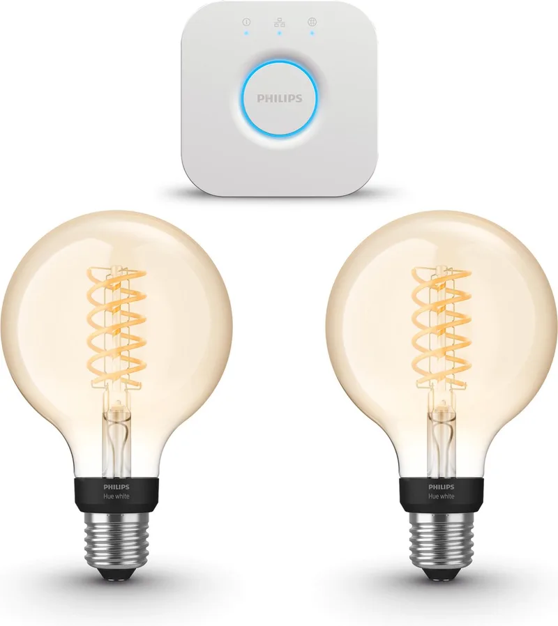 Starterspakket - E27 - met 2 Filament Globelampen Klein (G93) - Warmwit Licht - Incl. 1 Hue Bridge - Hue White Filament de Philips Hue en Or – photo produit