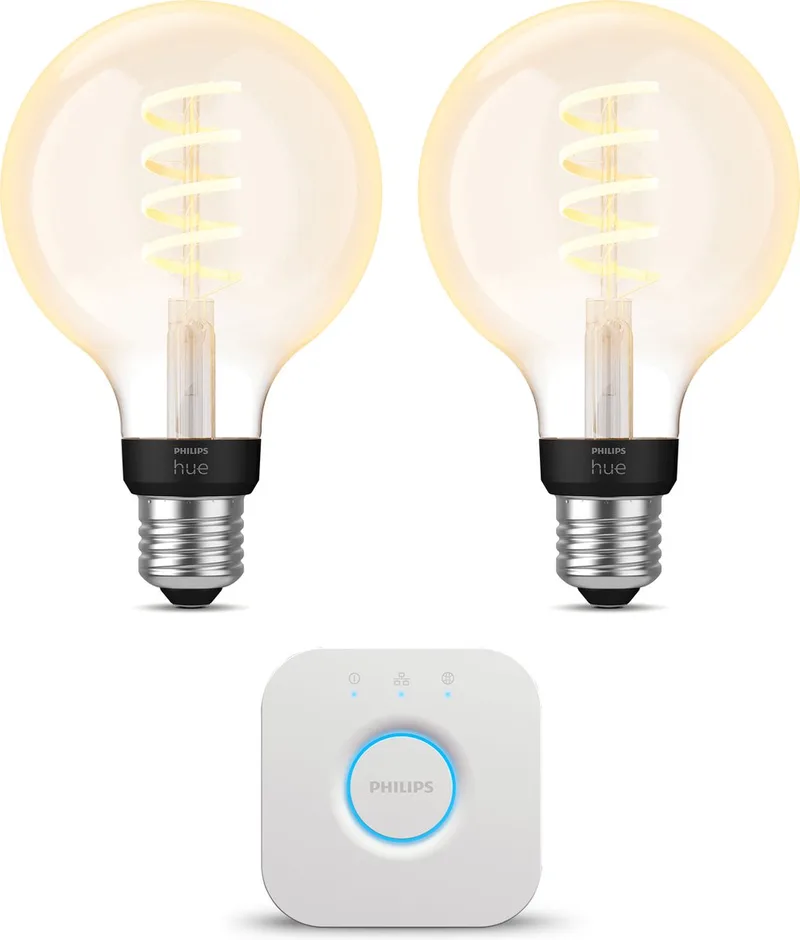 Starterspakket - E27 - met 2 Filament Globelampen Klein (G93) - Warm tot Koelwit Licht - Incl. 1 Hue Bridge - Hue White Ambiance Filament by Philips Hue in Gold – product photo