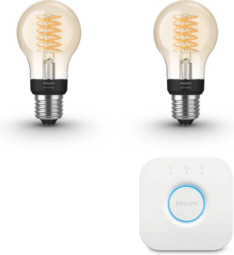 Starterspakket - E27 - met 2 Filament Standaard Lampen (A60) - Warmwit Licht - Incl. 1 Hue Bridge - Hue White Filament von Philips Hue in Gold – Produktfoto