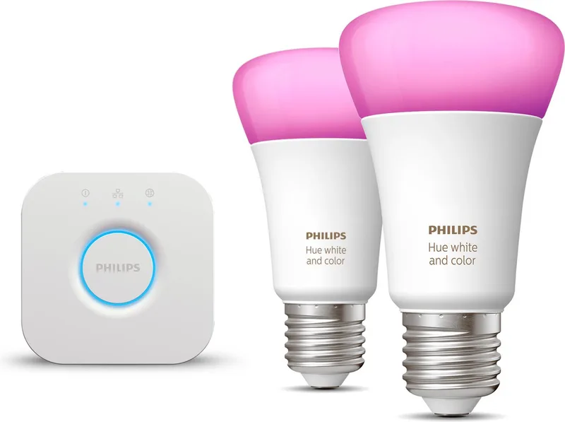 Starterspakket - E27 - met 2 Standaard Lampen - en Gekleurd Licht - Incl. 1 Hue Bridge - Hue White and Color Ambiance by Philips Hue in White – product photo
