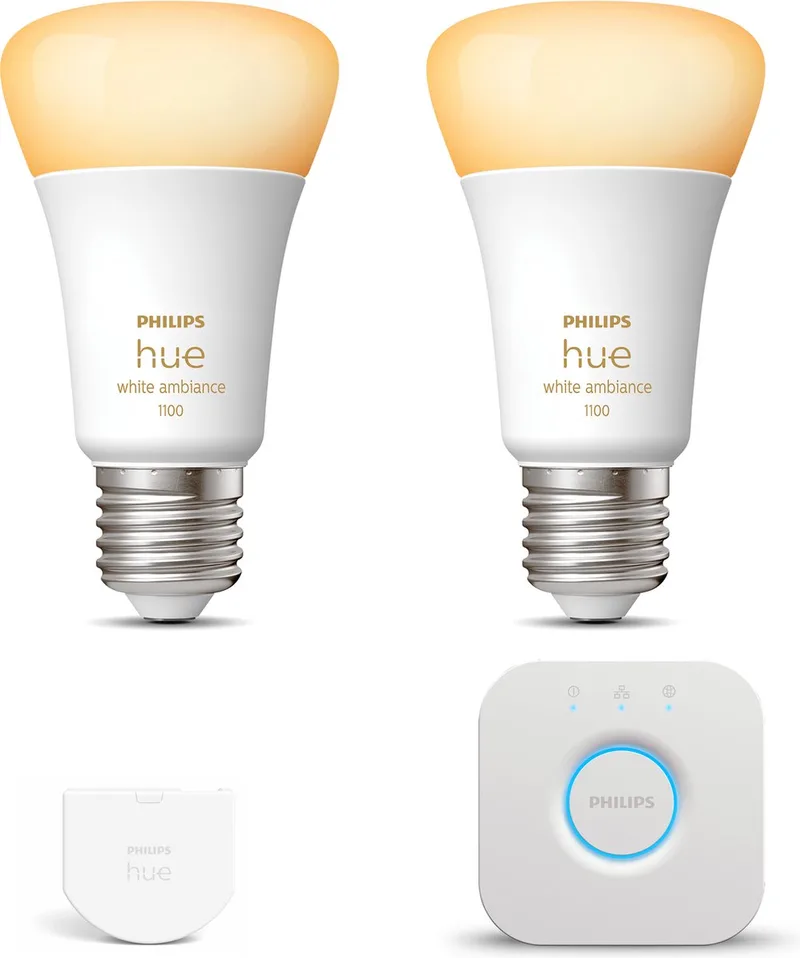 Starterspakket - E27 - met 2 Standaard Lampen - Warm tot Koelwit Licht - Incl. 1 Hue Bridge, 1 Hue Wall Switch - Hue White Ambiance fra Philips Hue – produktbillede