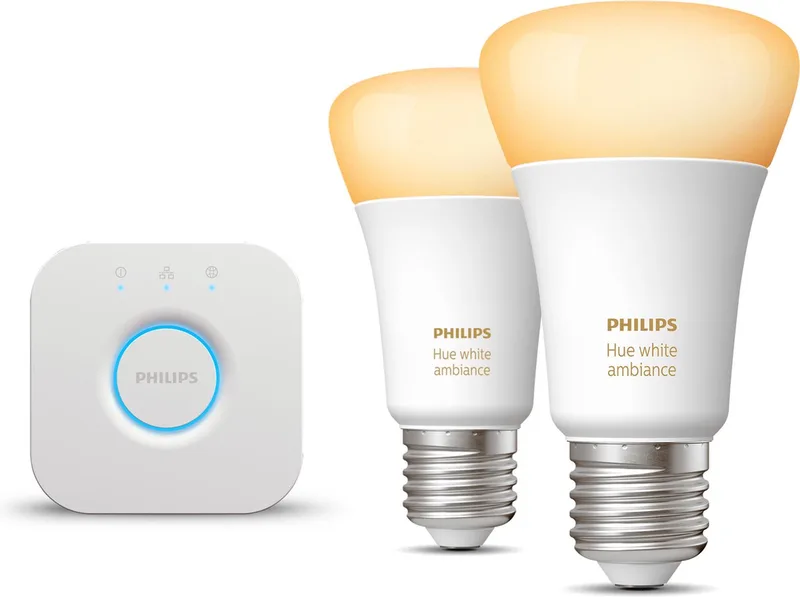 Starterspakket - E27 - met 2 Standaard Lampen - Warm tot Koelwit Licht - Incl. 1 Hue Bridge - Hue White Ambiance de Philips Hue en Blanc – photo produit