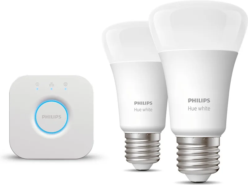 Starterspakket - E27 - met 2 Standaard Lampen - Warmwit Licht - Incl. 1 Hue Bridge - Hue White fra Philips Hue i Hvid – produktbillede