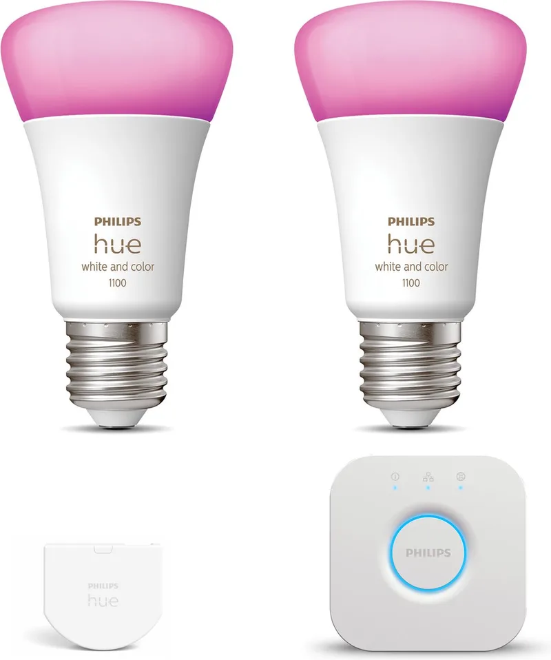 Starterspakket - E27 - met 2 Standaard Lampen - Wit en Gekleurd Licht - Incl. 1 Hue Bridge, 1 Hue Wall Switch - Hue White and Color Ambiance by Philips Hue – product photo