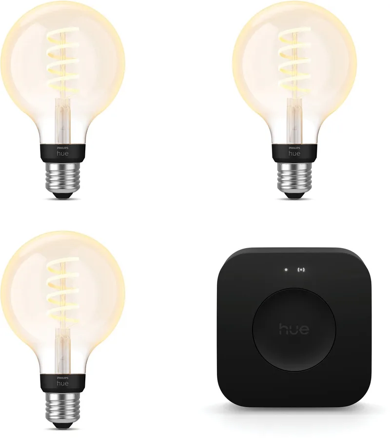 Starterspakket - E27 - met 3 Filament Globelampen Klein (G93) - Warm tot Koelwit Licht - Incl. 1 Hue Bridge Pro - Hue White Ambiance Filament från Philips Hue i Guld – produktbild