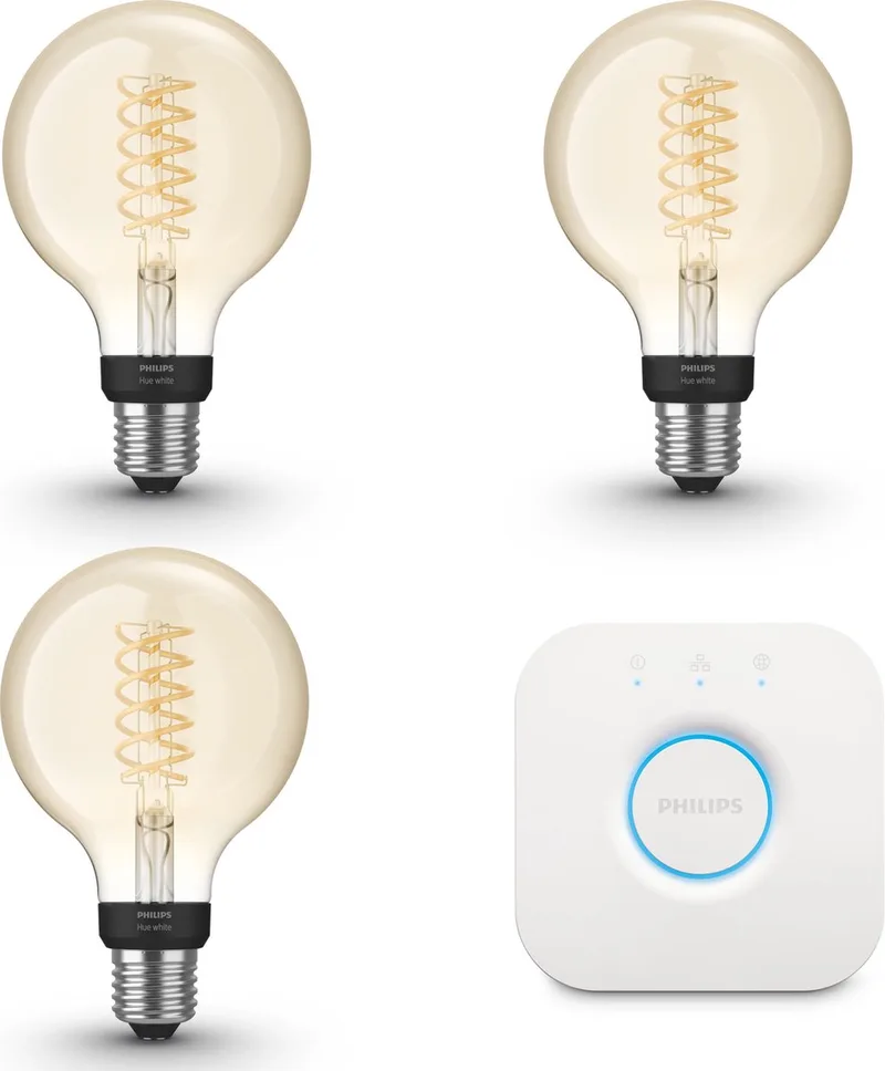 Starterspakket - E27 - met 3 Filament Globelampen Klein (G93) - Warmwit Licht - Incl. 1 Hue Bridge - Hue White Filament från Philips Hue i Guld – produktbild