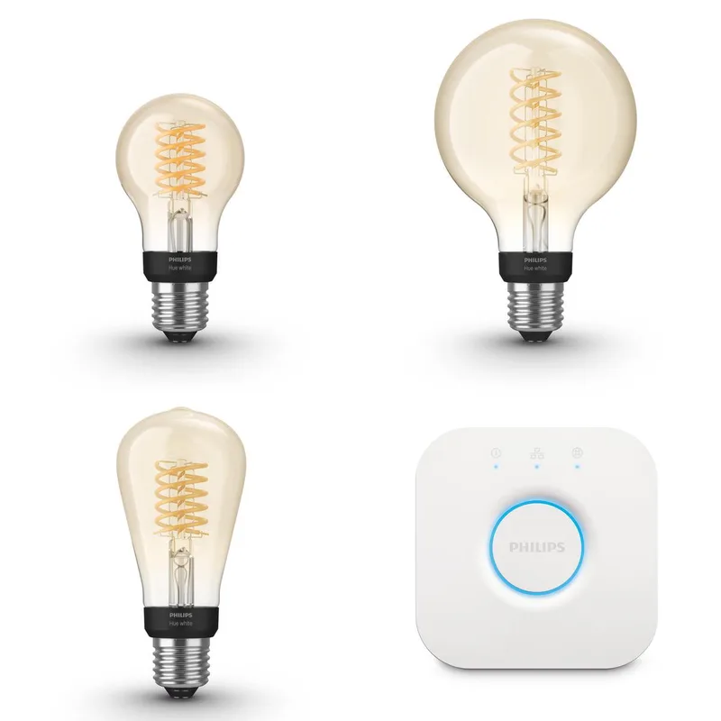 Starterspakket - E27 - met 3 Filament Lampen Mix - Warmwit Licht - Incl. 1 Hue Bridge - Hue White Filament de Philips Hue en Or – photo produit
