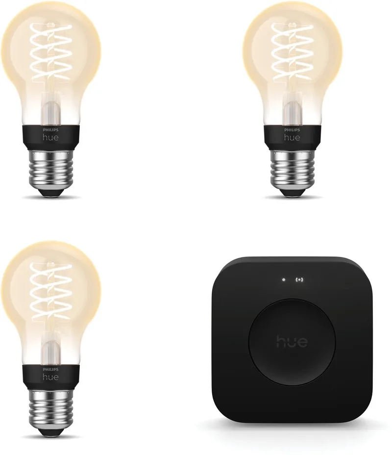 Starterspakket - E27 - met 3 Filament Standaard Lampen (A60) - Warmwit Licht - Incl. 1 Hue Bridge Pro - Hue White Filament från Philips Hue i Guld – produktbild