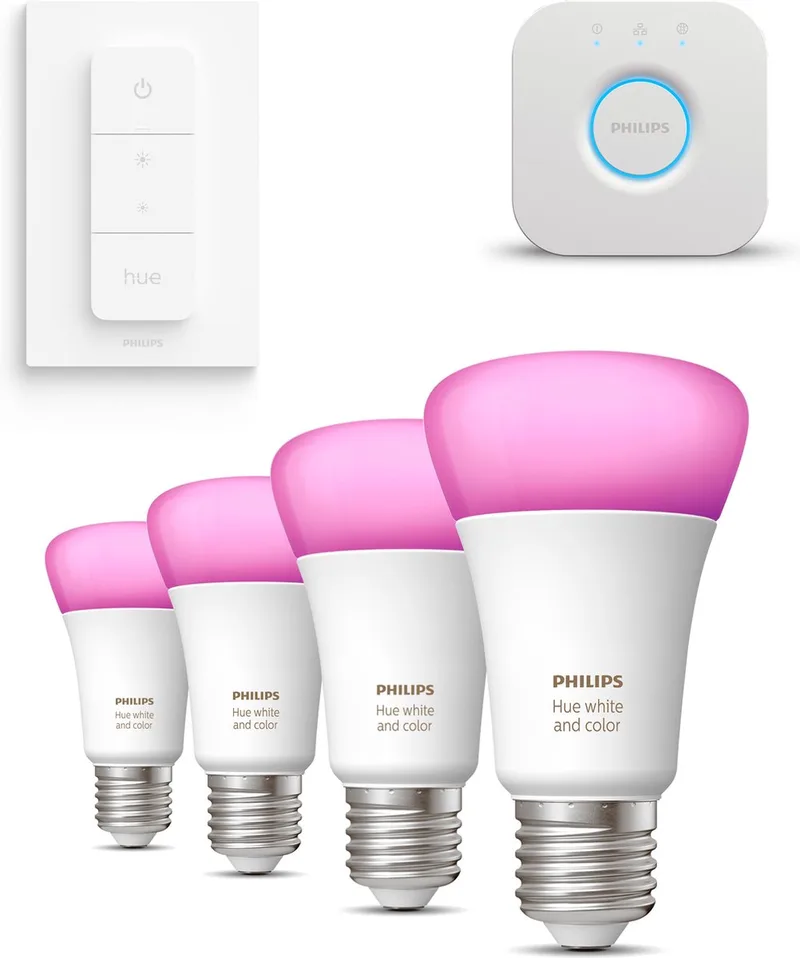 Starterspakket - E27 - met 4 Standaard Lampen - en Gekleurd Licht - Incl. 1 Hue Bridge, 1 Hue Dimmer Switch - Hue White and Color Ambiance de Philips Hue en Blanc – photo produit