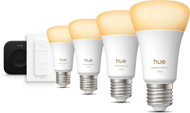 Starterspakket - E27 - met 4 Standaard lampen - Warm tot Koelwit Licht - Incl. Hue Bridge Pro, Hue Dimmer Switch - Hue White Ambiance van Philips Hue in Wit – productfoto
