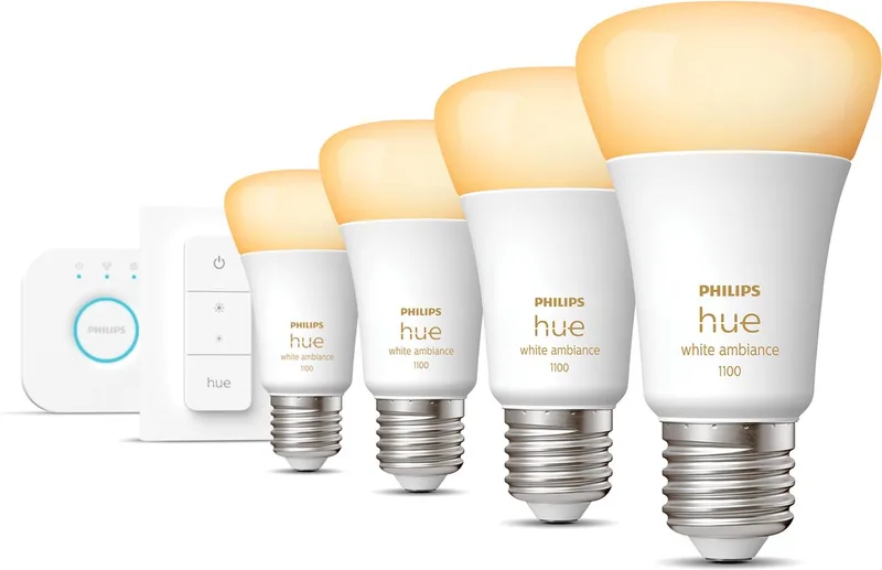 Starterspakket - E27 - met 4 Standaard Lampen - Warm tot Koelwit Licht - Incl. 1 Hue Bridge, 1 Hue Dimmer Switch - Hue White Ambiance by Philips Hue in White – product photo