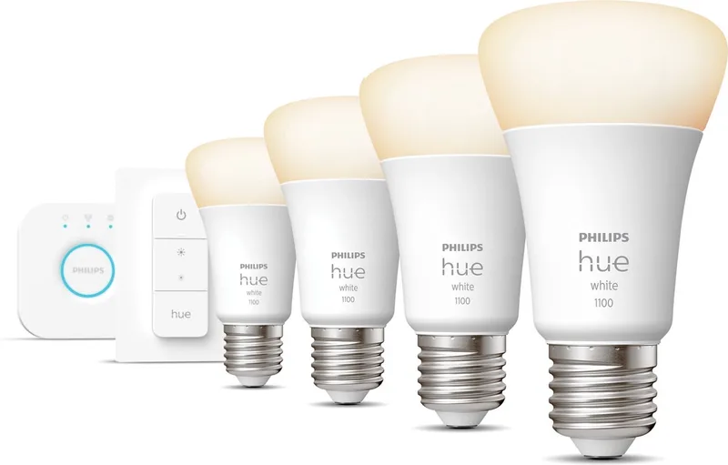 Starterspakket - E27 - met 4 Standaard Lampen - Warmwit Licht - Incl. 1 Hue Bridge, 1 Hue Dimmer Switch - Hue White de Philips Hue en Blanc – photo produit