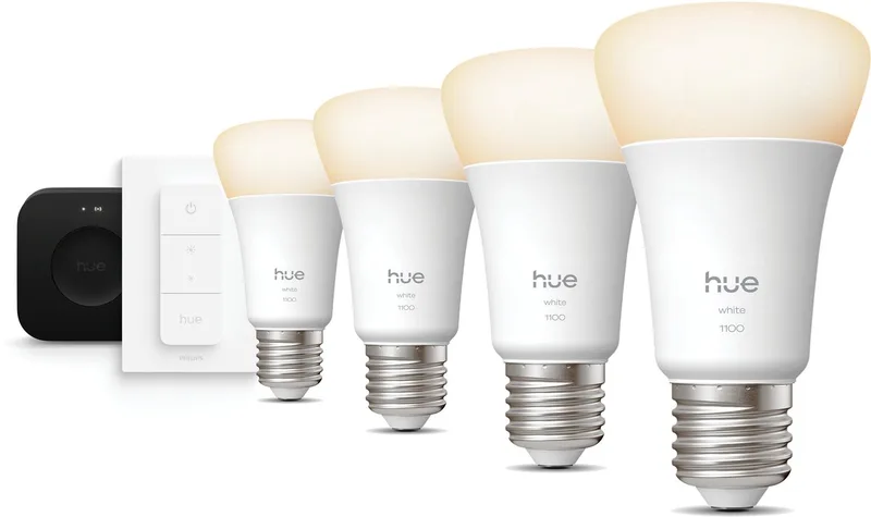 Starterspakket - E27 - met 4 Standaard lampen - Warmwit Licht - Incl. Hue Bridge Pro, Hue Dimmer Switch - Hue White de Philips Hue en Blanc – photo produit
